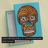 Orange Sugar Skull on Turquoise canvas print, front and back view