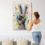Peace Hand Gesture Colourful Collage canvas print, displayed on a wall