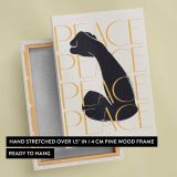 Black Cat with Gold Peace Typography canvas print, front and back view