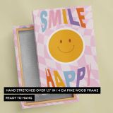 Smile Happy Pink Checkerboard canvas print, front and back view