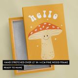 Hello Smiling Mushroom on Orange canvas print, front and back view