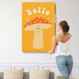 Hello Smiling Mushroom on Orange canvas print, displayed on a wall