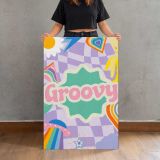 Groovy Purple Checkerboard Collage canvas print, held for scale