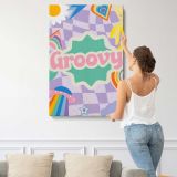 Groovy Purple Checkerboard Collage canvas print, displayed on a wall