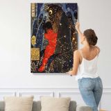 Hero Wrestling a Giant Carp beneath a Waterfall canvas print, displayed on a wall