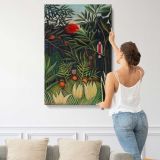 Monkeys and Parrot in the Virgin Forest by Henri Rousseau canvas print, displayed on a wall