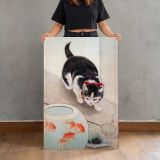 Cat and Goldfish Bowl by Ohara Koson canvas print, held for scale