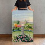 Flower Garden and House canvas print, held for scale