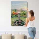 Flower Garden and House canvas print, displayed on a wall