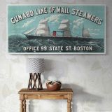 Cunard Line Mail Steamers Vintage Travel Poster — single-panel canvas above a console table