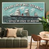 Cunard Line Mail Steamers Vintage Travel Poster — single-panel canvas above a green sofa