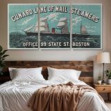 Cunard Line Mail Steamers Vintage Travel Poster — three-panel canvas above a bed