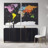 Black Background with Large Bright Colorful WorldMap WallMap Canvas With Frame For Wall Art Canvas - Image 2