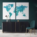 Modern Bright Teal Blue Water Colorfull World Map Canvas Wall Art - Image 2