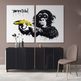 Monkey with Banana Banksy Graffiti Street Wall Arts Print in Framed Canvas - Image 2