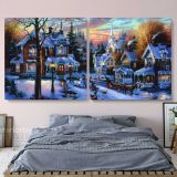 Panoramic Vintage Winter Christmas Village Scene Holiday Decor Framed Canvas - Image 2