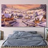 Winter Christmas Vintage Village Scene Holiday Decor Print Painting On Framed Canvas