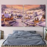 Winter Christmas Vintage Village Scene Holiday Decor Print Painting On Framed Canvas - Image 2