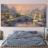 Winter Christmas Vintage Village Scene Holiday Decors On Framed Canvas