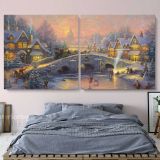Winter Christmas Vintage Village Scene Holiday Decors On Framed Canvas - Image 2