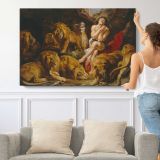 Daniel in the Lions' Den by Sir Peter Paul Rubens - single-panel canvas shown with a person for scale