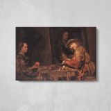 De Self Portrait at an Easel Painting an Old Woman by Aert De Gelder - single-panel canvas displayed above a console table