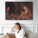 De Self Portrait at an Easel Painting an Old Woman by Aert De Gelder - single-panel canvas displayed above a sofa