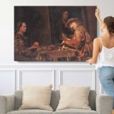 De Self Portrait at an Easel Painting an Old Woman by Aert De Gelder - single-panel canvas shown with a person for scale