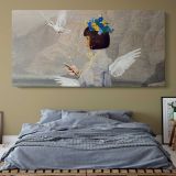 Decorative Angel Art Remix — single-panel canvas above a bed with blue bedding