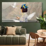 Decorative Angel Art Remix — single-panel canvas above a green sofa