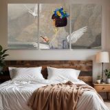 Decorative Angel Art Remix — three-panel canvas above a bed