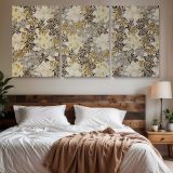 Decorative Botanical Wallpaper Pattern by William Morris — three-panel canvas above a bed