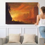 Deer at Sunset by Albert Bierstadt - single-panel canvas shown with a person for scale