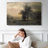 Deer in a Landscape by Albert Bierstadt - single-panel canvas displayed above a sofa