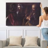 Denial of Peter by Caravaggio - single-panel canvas shown with a person for scale