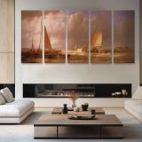 Dutch Barges at the Mouth of an Estuary by Abraham Hulk Sr. — four-panel canvas arrangement in a living room