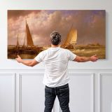 Dutch Barges at the Mouth of an Estuary by Abraham Hulk Sr. — single-panel canvas shown behind a standing person for scale