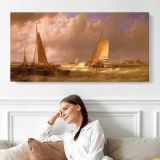Dutch Barges at the Mouth of an Estuary by Abraham Hulk Sr. — single-panel canvas shown above a seated person