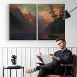 Evening Glow Lake Louise by Albert Bierstadt - two-panel canvas displayed in a reading room