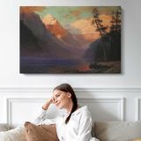 Evening Glow Lake Louise by Albert Bierstadt - single-panel canvas displayed above a sofa