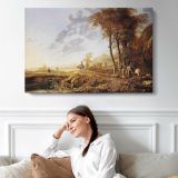 Evening River Landscape by Aelbert Cuyp - single-panel canvas displayed above a sofa