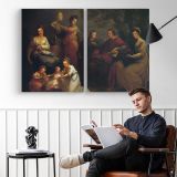 Family Gathered around a Hearth - two-panel canvas displayed in a reading room