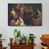 Family Gathered around a Hearth - single-panel canvas displayed above a console table