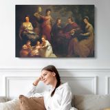 Family Gathered around a Hearth - single-panel canvas displayed above a sofa
