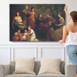 Family Gathered around a Hearth - single-panel canvas shown with a person for scale