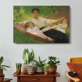 Family Resting on the Grass - single-panel canvas displayed above a console table