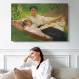Family Resting on the Grass - single-panel canvas displayed above a sofa