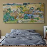 Farms near Auvers by Vincent van Gogh — single-panel canvas above a bed with blue bedding