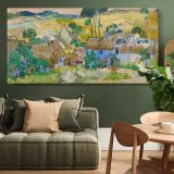 Farms near Auvers by Vincent van Gogh — single-panel canvas above a green sofa