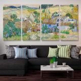 Farms near Auvers by Vincent van Gogh — three-panel canvas arrangement above a sofa